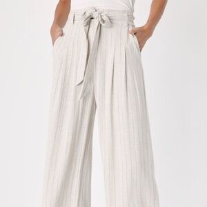 Lulus Trend Alert Beige Striped Belted High-waisted Wide-leg Pants - Size L
